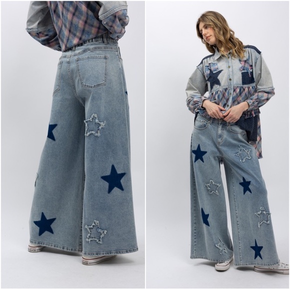 Bluevelvet Light Wash Star Patch Print Wide leg Denim Jeans Pants - Picture 4 of 4